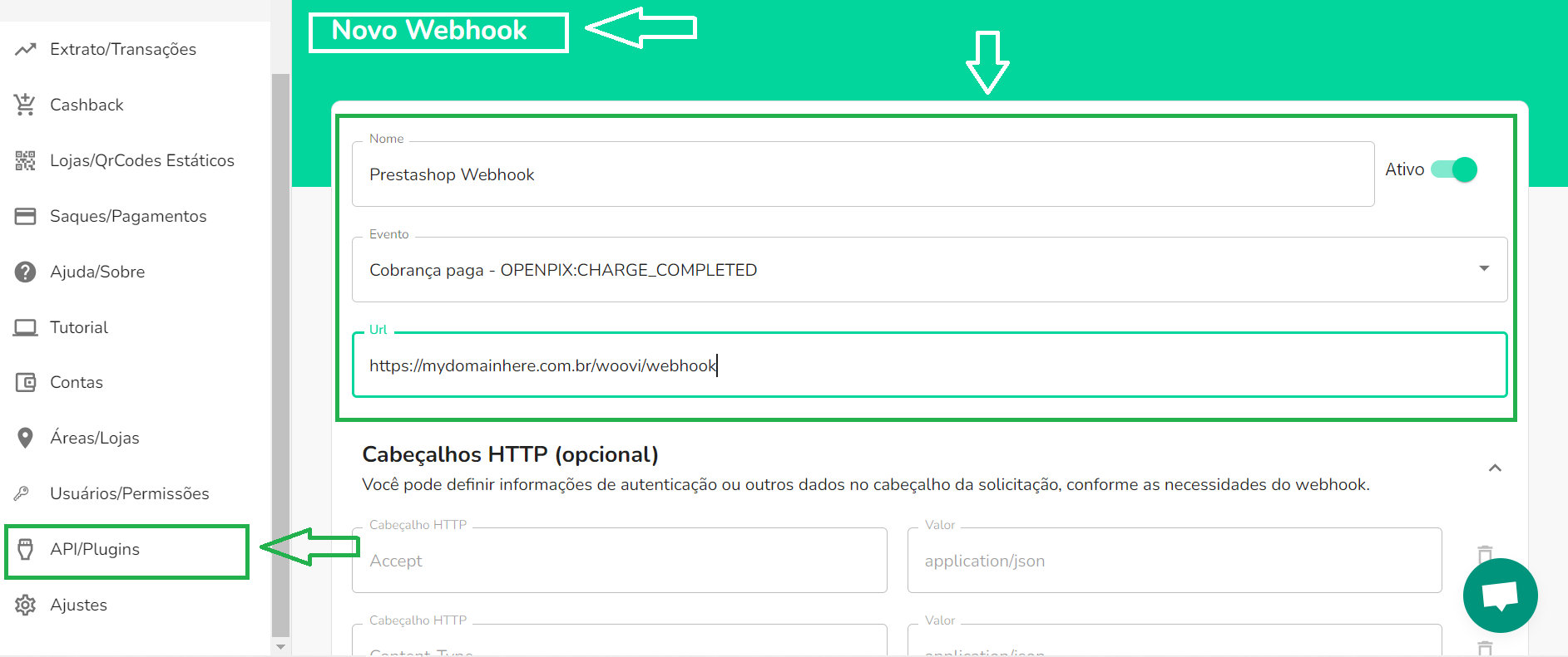 step 1 Registering webhook endpoint in woovi
